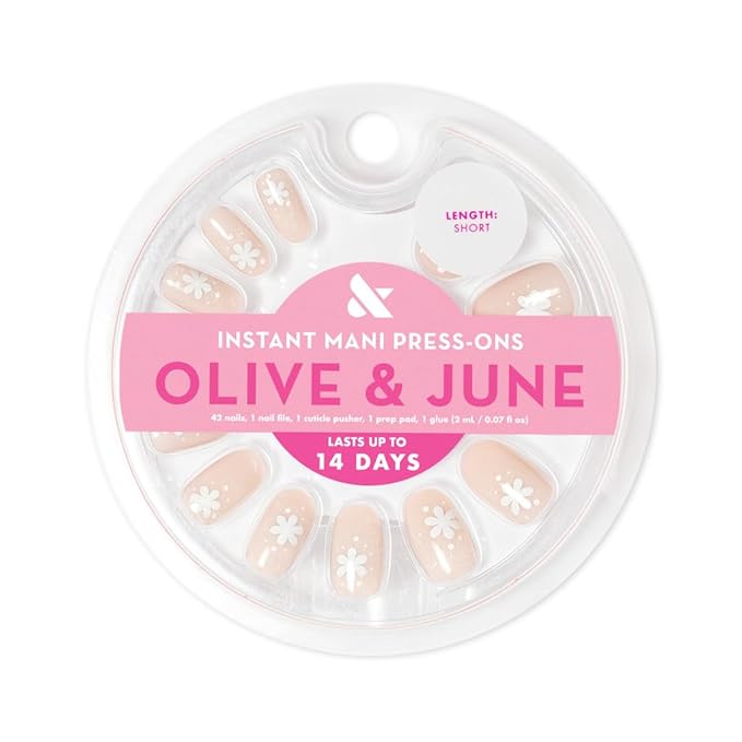 Olive & June Instant Mani Press-On Nails | (Glue) Short, Round 42 Fake Nails, 21 Sizes | Non-Toxic, Long-Lasting Recycled Materials Realistic Look | Salon-Quality at Home | Daisy Dance