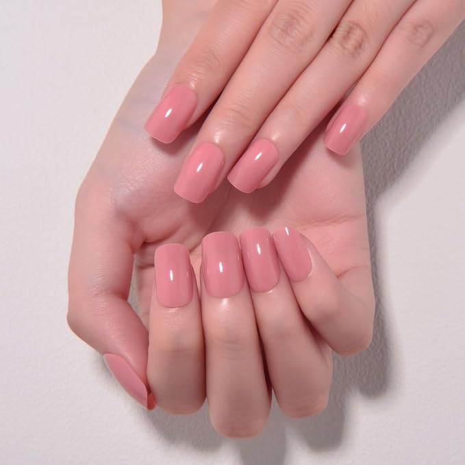 evpct Mauve Red Short Squoval Glossy Press on Nails for Women Gift, Glossy Mauve Red Fake Nail with Nail Kit Manicure Kit, Soft Gel Full Cover Reusable Stick on Acrylic False Nails Perfectly Fit