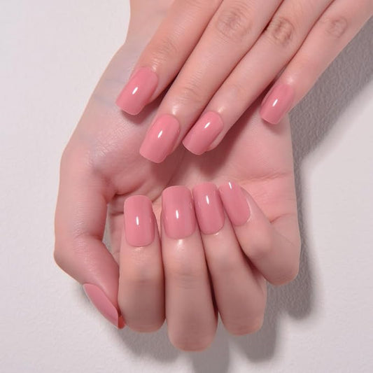 evpct Mauve Red Short Squoval Glossy Press on Nails for Women Gift, Glossy Mauve Red Fake Nail with Nail Kit Manicure Kit, Soft Gel Full Cover Reusable Stick on Acrylic False Nails Perfectly Fit