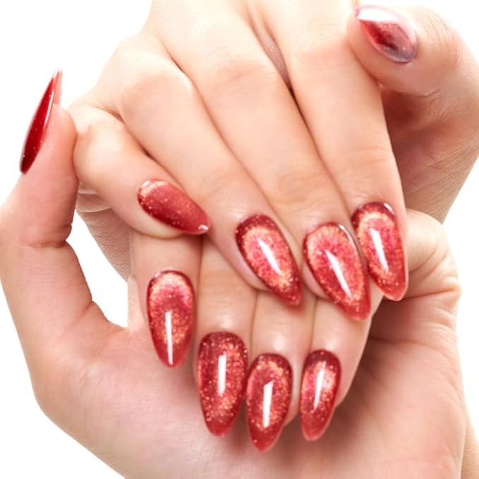 GLAMERMAID Agate Red Press on Nails Medium Almond,Cat eyes Glitter Handmade Glossy Soft Gel Glue on Nails Stiletto, Shrimmer Fake Nails Short Oval, Reusable Acrylic Stick on False Nails Kit for Women