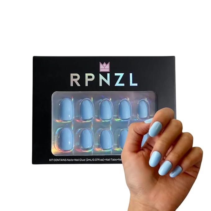RPNZL Press On Nails - Cloud Nine | Opaque Soft Pale Sky Blue Short Oval Fake Nails, Salon Quality | 32 Nails, 16 Sizes Kit with Glue and Adhesive Tabs I Female Founded