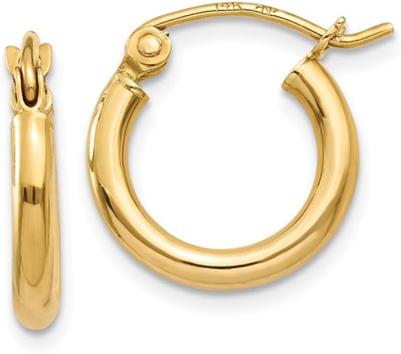 14K Gold Classic Real Hoop Earrings, (2mm Tube)