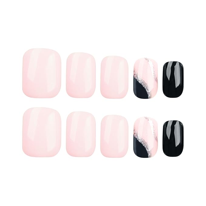 XZMeiLun Pink Press On Nails Short Square, Black Silver Glitter Design Short False Nails, Reusable Stick On Fake Nails with Glue For Women, 12Sizes-24 Salon Quality Nail Kit, Gift for Woman