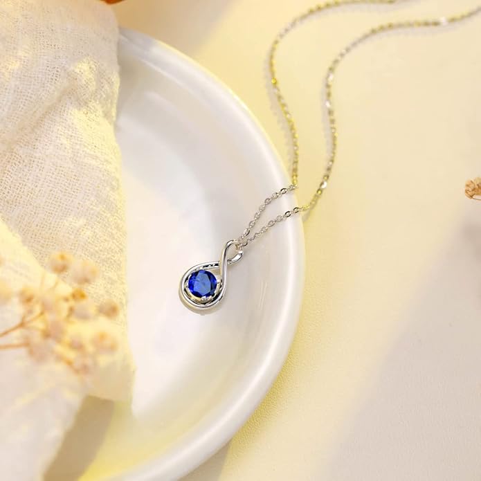 FANCIME 14K Solid Gold Birthstone Pendant with Sterling Silver Chain Infinity Gemstone Necklace Fine Jewelry Anniversary Birthday Christmas Gifts for Women Wife Her