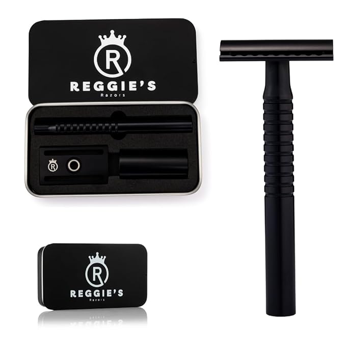 Reggie’s Razors Jupiter Aluminum Safety Razor for Men - Double Edge Shaving Razor, CNC-Machined - Made in UK - Aerospace Grade, Textured Grip, Suitable All Skin Types - Includes 10 Blades – Black