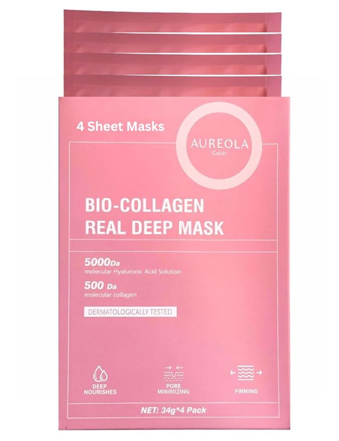 AUREOLA GALÓR Bio-Collagen Sheet Mask (4 Pack), Hydrating & Firming Face Mask, Korean Skin Care Collagen Mask for Dry & Aging Skin, Winter Hydration for All Skin Types