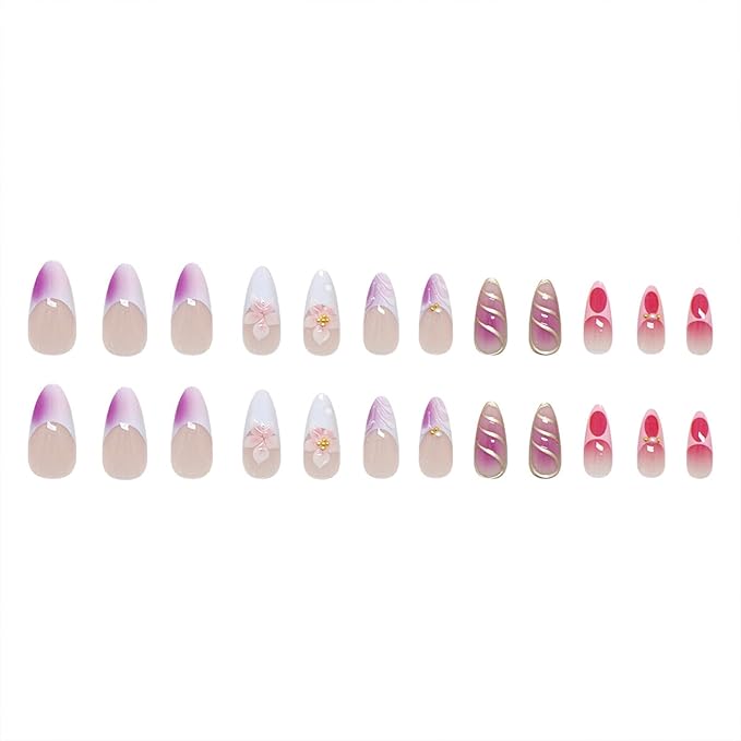 JONKASIPA 24 Pcs Press On Nails, Pink Acrylic Fake Nails French 3D Flower Pearls Decorative Nail Art for Women