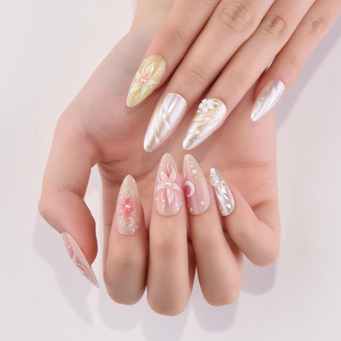 evpct 3D Pearl Pink Green Handmade Press On Nails Almond Medium, 3D Flower Design Fake Nails Rusable for Spring & Summer Daily Wear, False Acrylic Nail with Kits Press ons Nail for Women Gift, 24Pcs