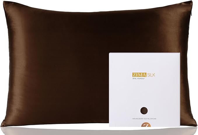 ZIMASILK 100% Pure Mulberry Silk Pillowcase for Hair and Skin Health,Soft and Smooth,Both Sides Premium Grade 6A Silk,600 Thread Count,with Hidden Zipper,1pc(Standard 20''x26'',Chocolate)