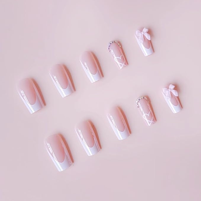 Press on Nails Medium Coffin - Pink Fake Nails with Bow Heart Design - White French Tip False Nails Press ons - for Women 24 Pcs