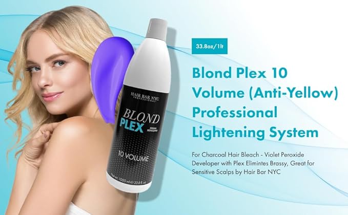 HAIR BAR NYC 10 Volume - Blond Plex Anti-Yellow Porfessional Lightening System for Charcoal Hair Bleach - Violet Developer with Plex, Reduce Brassy, Eliminates Orange Tones 33.8oz/1lt