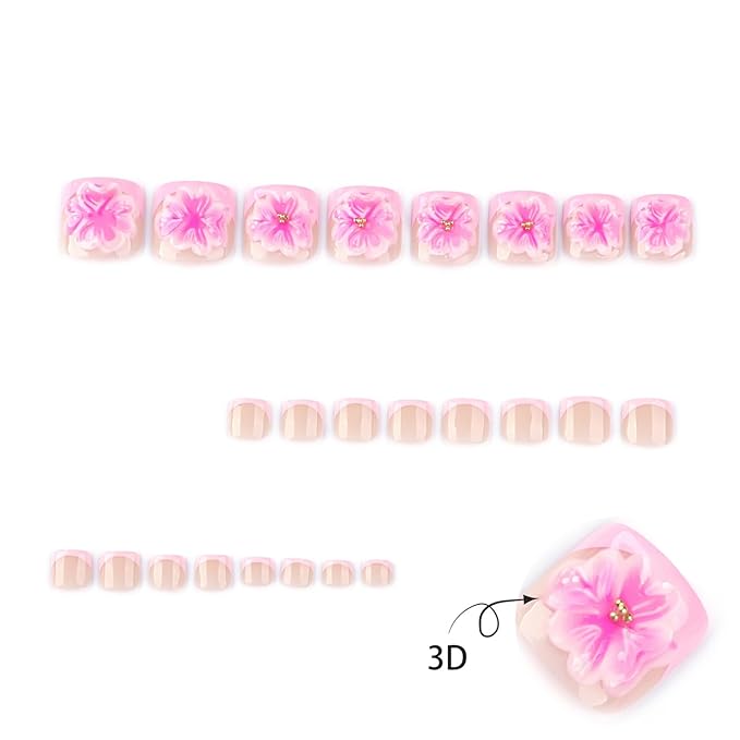 24Pcs Pink French Tip Press on Toenails Full Cover 3D Flowers Fake Toenails Short Square Summer French False Toenail Cute Toe Nails Press ons Glossy Toenails for Pedicure Decorations