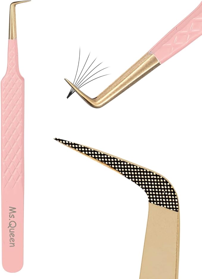 Ms.Queen 90 Degree Lash Tweezers for Eyelash Extensions, Precision Fiber Tip Grip Mega Volume Lash Tweezers