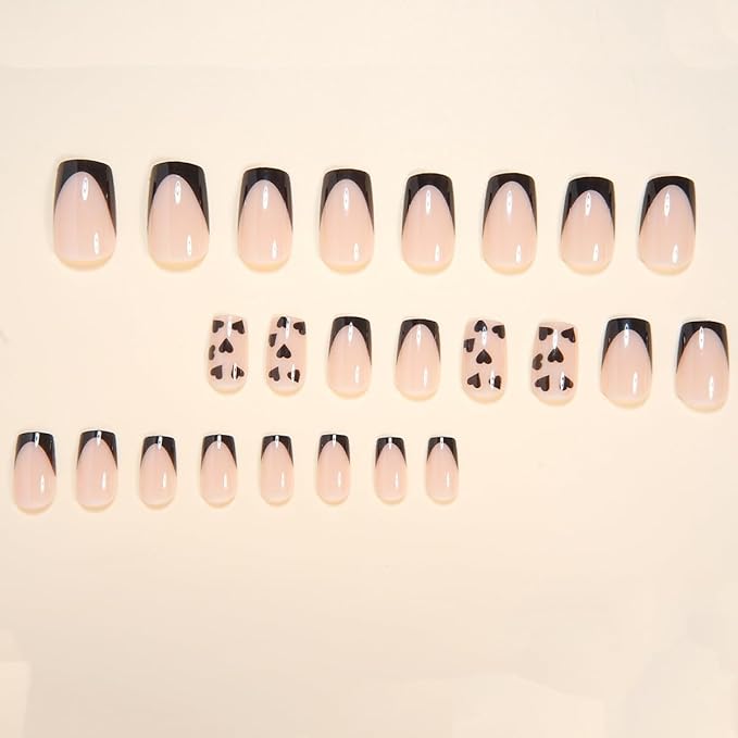 Short Press on Nails Square - Black French Tip Fake Nails with Heart Design - Full Cover Stick on Nails Press ons - for Women Manicure 24 Pcs