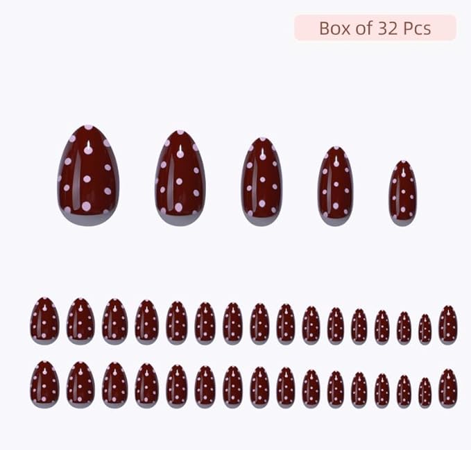 RPNZL Press On Nails - Berry | Red Polka Dot UV Finish Almond Nails, Salon Quality | 32 Nails, 16 Sizes Kit with Glue and Adhesive Tabs I Female Founded