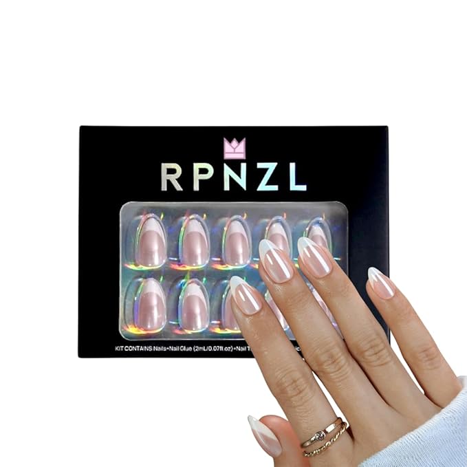 French Tip Press on Nails – French Toast | Medium Almond Shape with Glossy Glazed Finish | Salon Quality Fake Nails, 32 Nails(16 Sizes) Kit with Glue & Adhesive Tabs