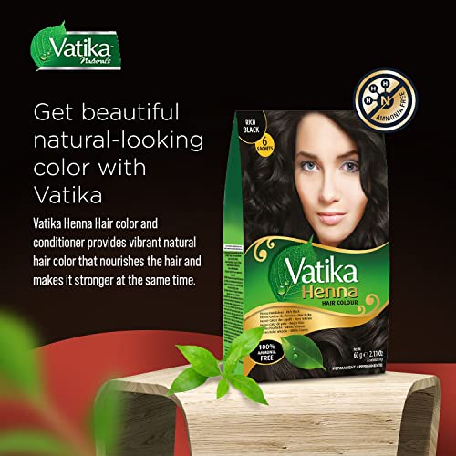 Vatika Naturals Permanent Hair Dye Rich Black – Ammonia-Free With Natural Henna, Grey Coverage, Nourishing Herbal Blend, Long-Lasting Hair Color for Soft, Shiny Results – 6 Sachets X 10g