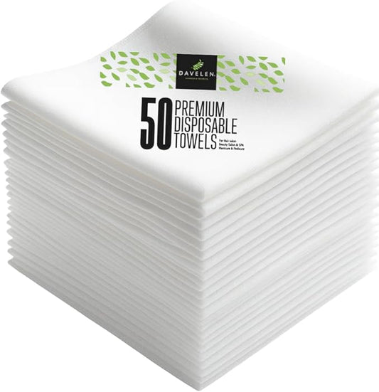 DAVELEN Disposable Large Luxury Towels (50-Count) Spa and Salon Quality Softness for Guests, Clients | Hair, Face, Body Use | Luxurious Comfort, Ecofriendly (050, 32x16 inches)