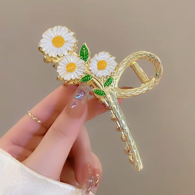 Large Metal Daisy Flower Hair Clips for Women - 2Pcs Sparkly Non-Slip Butterfly Jaw Clips for Strong Hold
