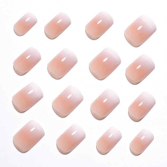 XZMeiLun Brown Nude Ombre Press On Nails Short Square, Gradient French Tip Designer Fake Nail Reusable Real Acrylic Nails for Women, Glossy Soft Gel False Nail with Glue On Nails,Wedding Stick On Nail