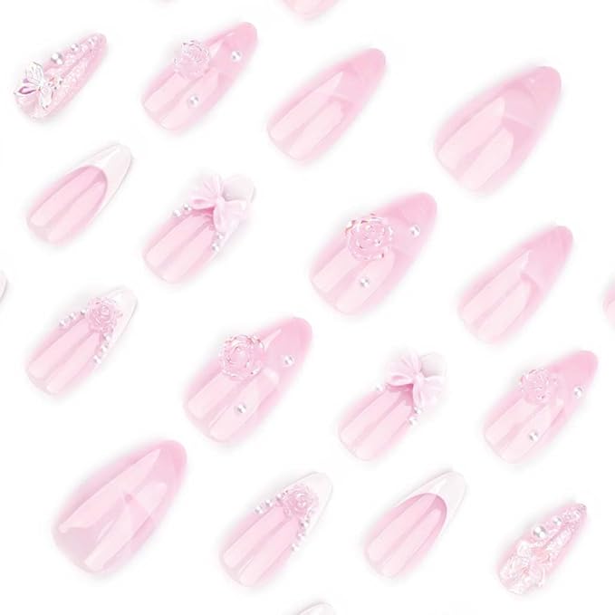 Foccna French Press on Nails Pink Medium, 3D Flower Fake Nails Almond Acrylic False Nails White,Artificial Nails for Women and Girls 24pcs