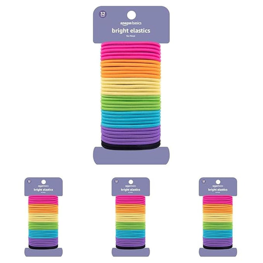 Amazon Basics Pony Tail Hair Ties - Bright 4 MM Elastics for All Types, 32 Count (Pack of 4)