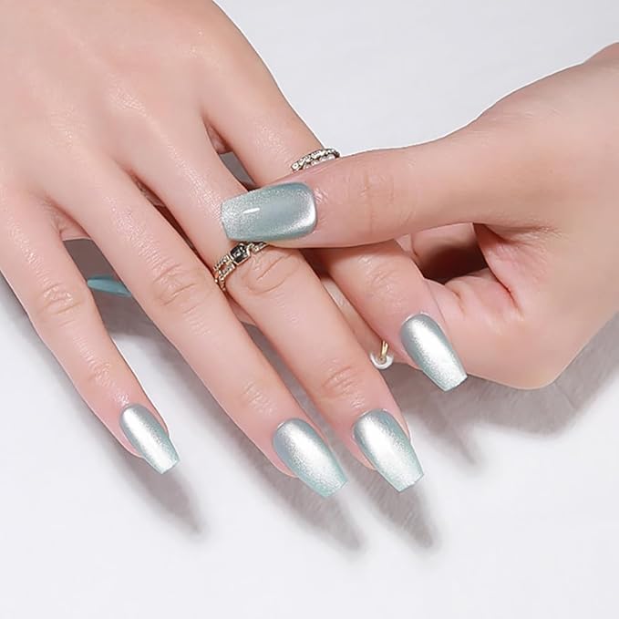 evpct Cat Eye Coffin Press on Nails Square Medium, Stick on Nails Medium Square for Women Gift, Teal Light Blue Green Metallic Glitter Glossy Gel Reusable Stick Acrylic Fake Press on Nail with Designs
