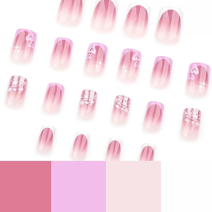 CTTHNBD Press on Nails Short Square Acrylic False Nails French Tip Heart Design Glitter Glossy Full Cover Stick on Nails 24Pcs