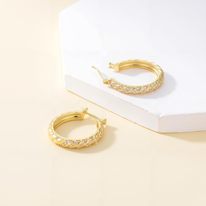 14K Gold Plated Hoop Earrings for Women 14K Gold Plated Earrings Jewelry Spiral Cubic Zirconia Thick Hoops Hypoallergenic Womens Huggie Earring 25/30MM