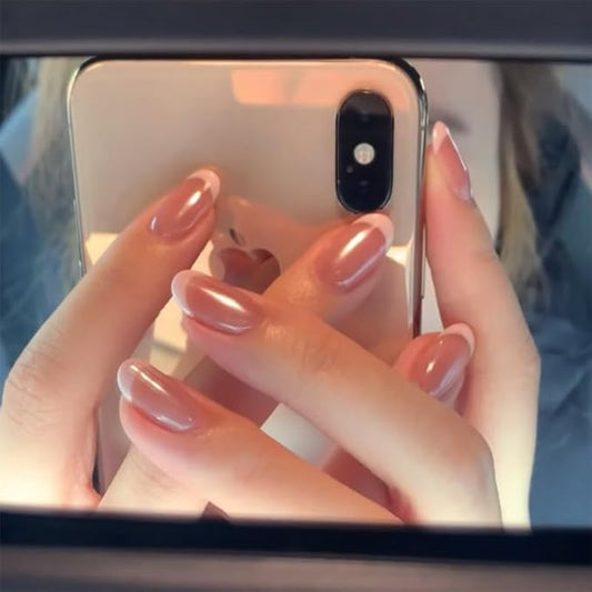 XZMeiLun Press On Nails Short Oval, French Tip Chrome Acrylic Press On Nails Short Oval, Designer Reusable Glazed Fake Nails, Glossy Soft Gel Nails Wedding, Stick Glue On Nail Press Ons for Women