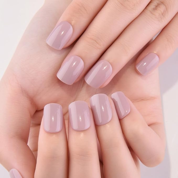 evpct Mauve Pink Glossy Press on Nails Short Square, Glossy Mauve Fake Nails Summer Reusable, Acrylic False Nail Stick on Press ons for Women Gifts, Perfectly Fit False Nail Kit with Kits 30Pcs