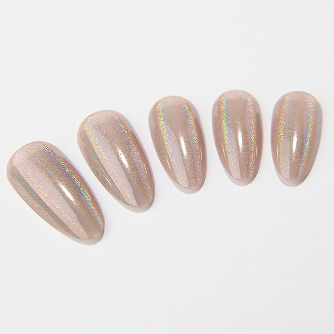 XZMeiLun 24Pcs Silver Holographic Acrylic Press on Nails Short Almond - Reusable Fake Nails with Nail Glue Kit, Long Lasting Chameleon Static Nails for Women Daily Wear & Parties (Glossy Laser Design)
