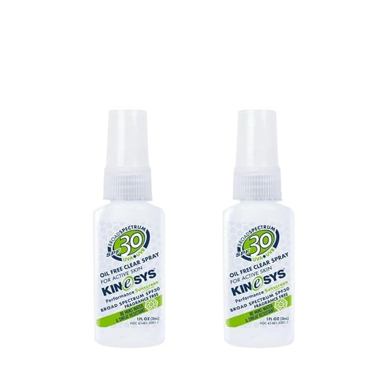 KINeSYS Fragrance Free Clear Spray Sunscreen for sensitive skin, SPF 30, Hypoallergenic, Broad Spectrum UVA/UVB protection for Body, Alcohol, PABA and Oxybenzone FREE, 170+ Sprays, 1 Fl Oz (Pack of 2)