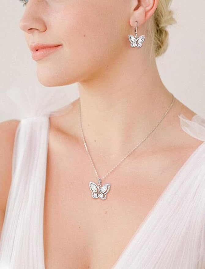 STARCHENIE Butterfly Necklace Earrings for Women 925 Sterling Silver Birthstone Cubic Zirconia Butterfly Jewelry Set Gifts