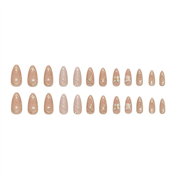 JONKASIPA French Almond Nail 3D Pink Floral Bow Nail Gloss Full Coverage Gel Patch Nails 24pcs Set
