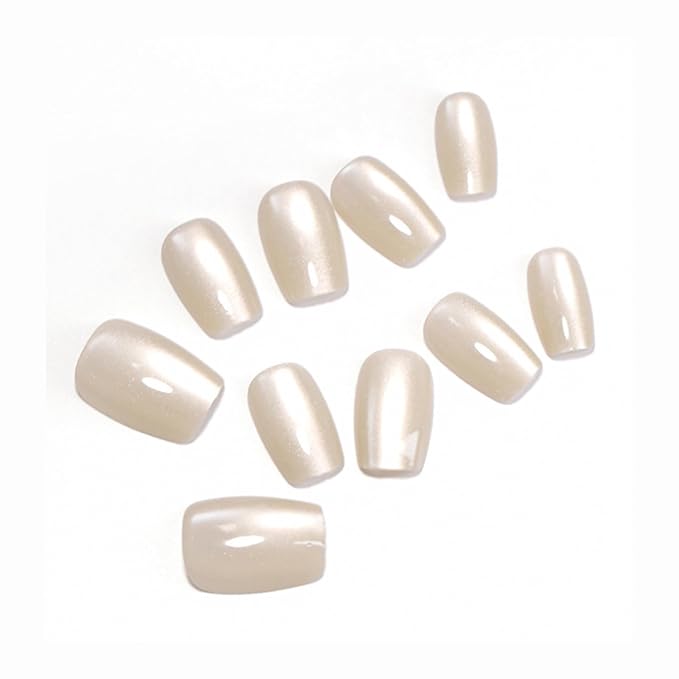 SHELWIN French Press On Nails Ready-To-Wear DIY Manicure Stick On Cat Eye Nails kit for Women 24 Pcs Short Medium Coffin Almond Shaped False Nails Gifts（Moonlight White）