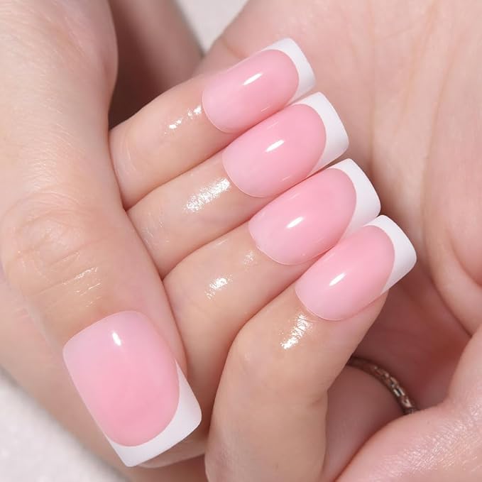 XZMeiLun Pink White French Tips Press on Nails, Short Square Acrylic Fake Nails Design, Natural Reusable Glue-On Nails Kit for Women DIY False Nail Art Decoration Gift, Salon Quality Reusable 32 Psc
