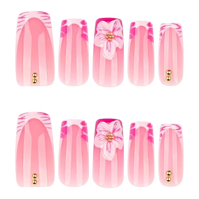 Medium Square Press on Nails - French Tip Fake Nails with 3D Flower Design - Pink False Nails Press ons - for Women 24 Pcs