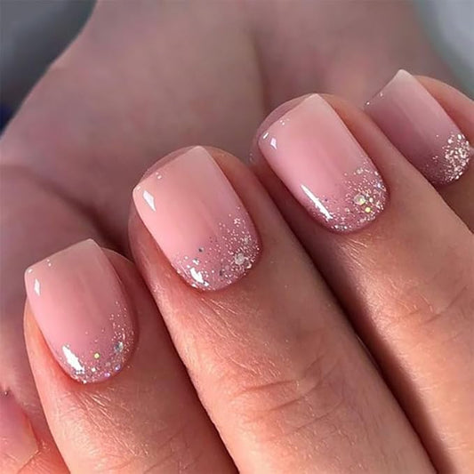 XZMeiLun Pink Flash Press On Nails Short Square, Glitter Ombre Design False Nails Short, Reusable Thick Acrylic Gel Stick On Fake Nails with Glue For Women, Salon Quality Nail Kit, Gift for Woman