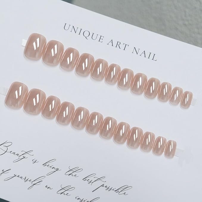 evpct Nude Glazed Press on Nails Short Square for Women Girls Gift, Chrome Glazed Nude Fake Nails Reusable with Soft Gel, Glossy Glitter Stick on False Nail Kit Salon Quality DIY at Home, 01