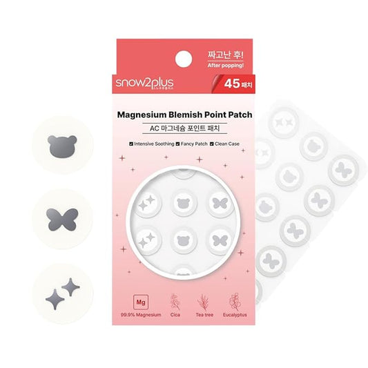 snow2plus Magnesium Blemish Point Patch - Hydrocolloid Pimple Stickers (45 Count) in Butterfly, Star & Bear Shapes with Cica, Tea Tree & Eucalyptus for Gentle Skin Car