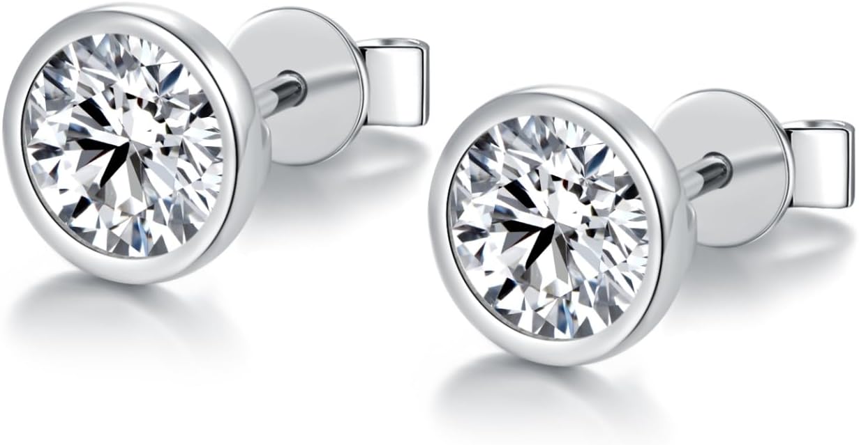 BLINGDIARY Moissanite Stud Earrings, 925 Sterling Silver 18K White Gold Plating Studs for Women Men, Wedding Jewelry Engagement Earrings