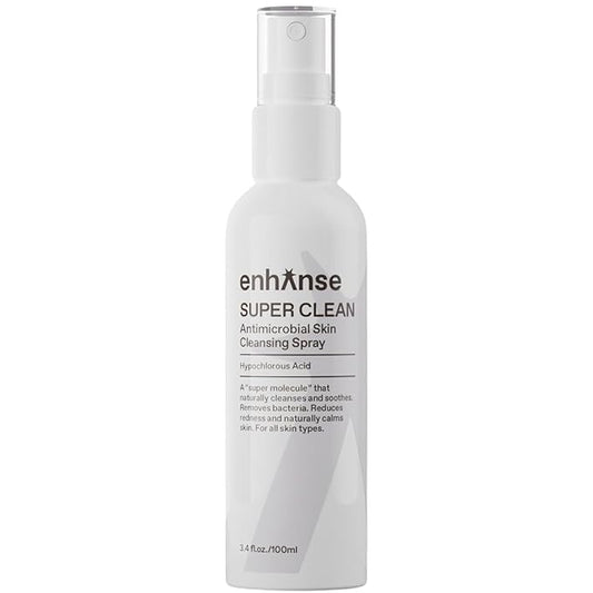 ENHANSE Super Clean, Hypochlorous Acid Spray, Helps Heal Acne Prone, Eczema, & Itchy Rashes, No Rinse Cleaner for Back Acne, Use Post Workout, Post Shave or Travel, Skin Care for Men, 100 mL