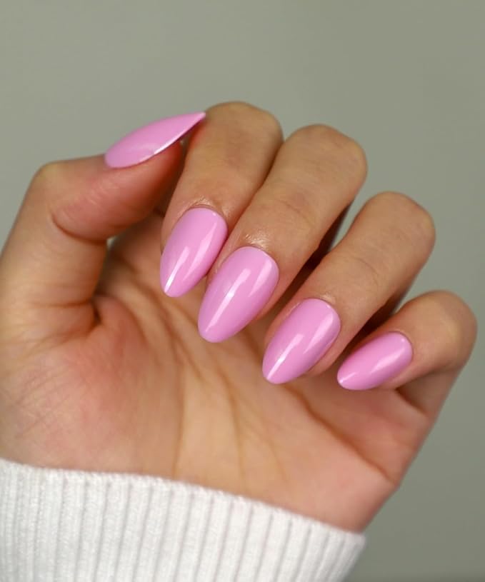 Pink Press On Nails Short 16 Sizes 32pcs Almond Fake Nails Glossy, Nail Glue Included