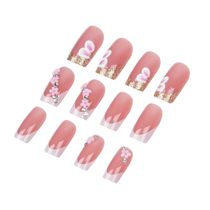 Medium Press on Nails Square - White French Tip Fake Nails with Flower Design - Floral Charms False Nails Press ons - for Women Manicure 24Pcs