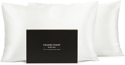Fishers Finery 30mm 100% Pure Mulberry Silk Pillowcase Set, Quality Tested (White, Standard, 2 Pack)