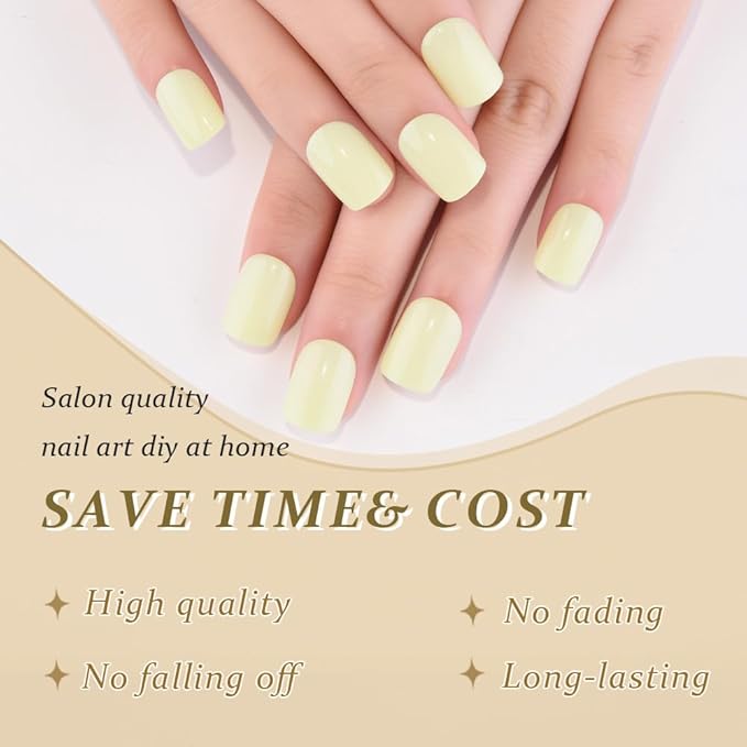 evpct Pale Yellow Glossy Press on Nails Short Square, Glossy Yellow Fake Nails Summer Reusable, Acrylic False Nail Stick on Press ons for Women Gifts, Perfectly Fit False Nail Kit with Kits 30Pcs
