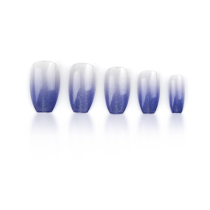 Coffin Press on Nails Medium - Blue Fake Nails with Ombre Glitter Deisgn - Gloosy Full Cover Stick on False Nails - for Women 24 Pcs