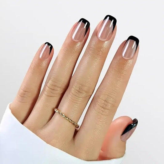 RPNZL Press On Nails - Midnight | Chrome Black French Tip, UV Finish Short Squoval Nails, Reusable, Salon Quality | 32 Nails, 16 Sizes Kit with Glue and Adhesive Tabs