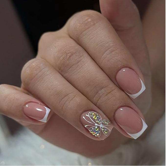 White French Tip Press on Nails - Short Square Fake Nails with Butterfly Design - Rhiestone Full Cover Stick on False Nails - for Women 24 Pcs